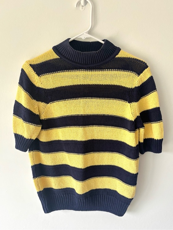 Pilcro Sweaters - Pilcro Anthropologie Yellow Navy Blue Striped Short-Sleeve Mock-Neck Sweater